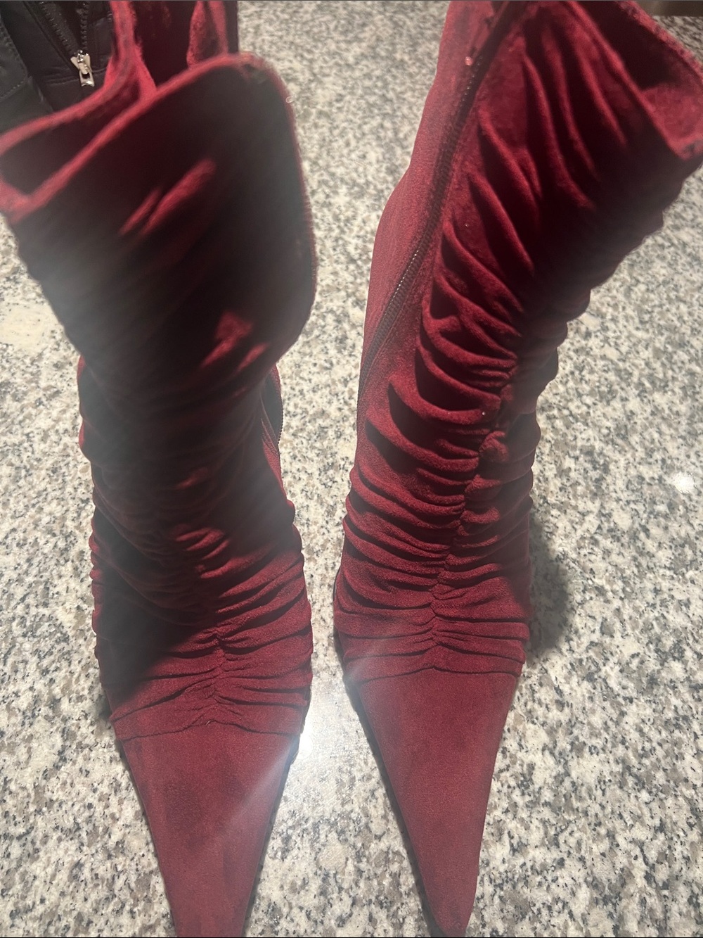 JEFFREY CAMPBELL 9.5 BURGUNDY RUCHED POINTED TOE STILETTO BOOTIES Y2K GLAM party